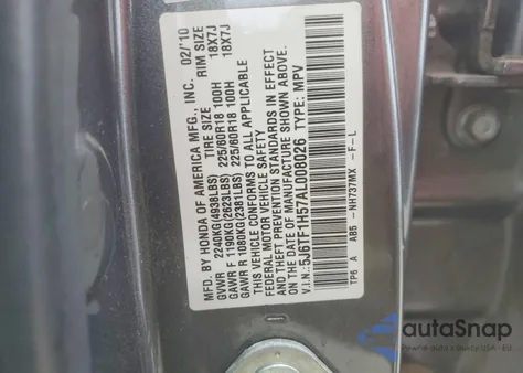 2010 Honda Accord Crosstour Exl из США, поврежденный, VIN 5J6TF1H57AL008026